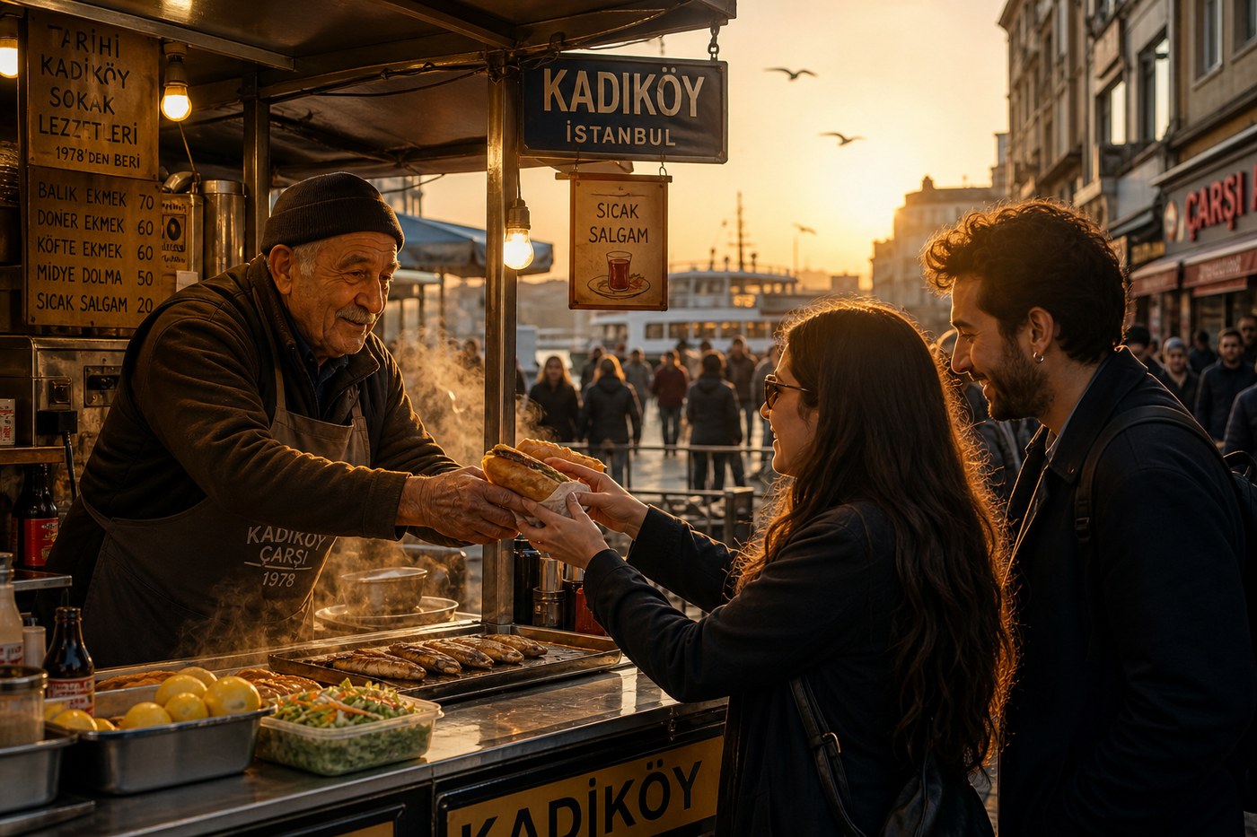 Kadıköy pazarında sokak lezzeti satıcısı